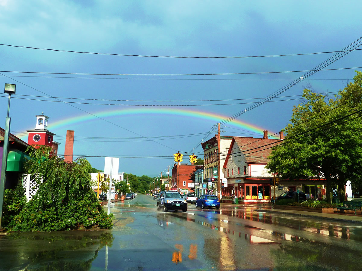 Rainbow over downtown Ludlow, Vermont.